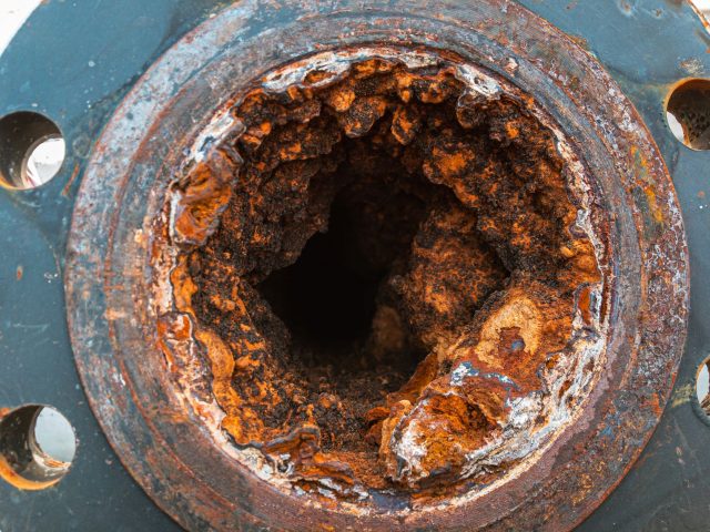 Close up view of pipe tuberculation corrosion.